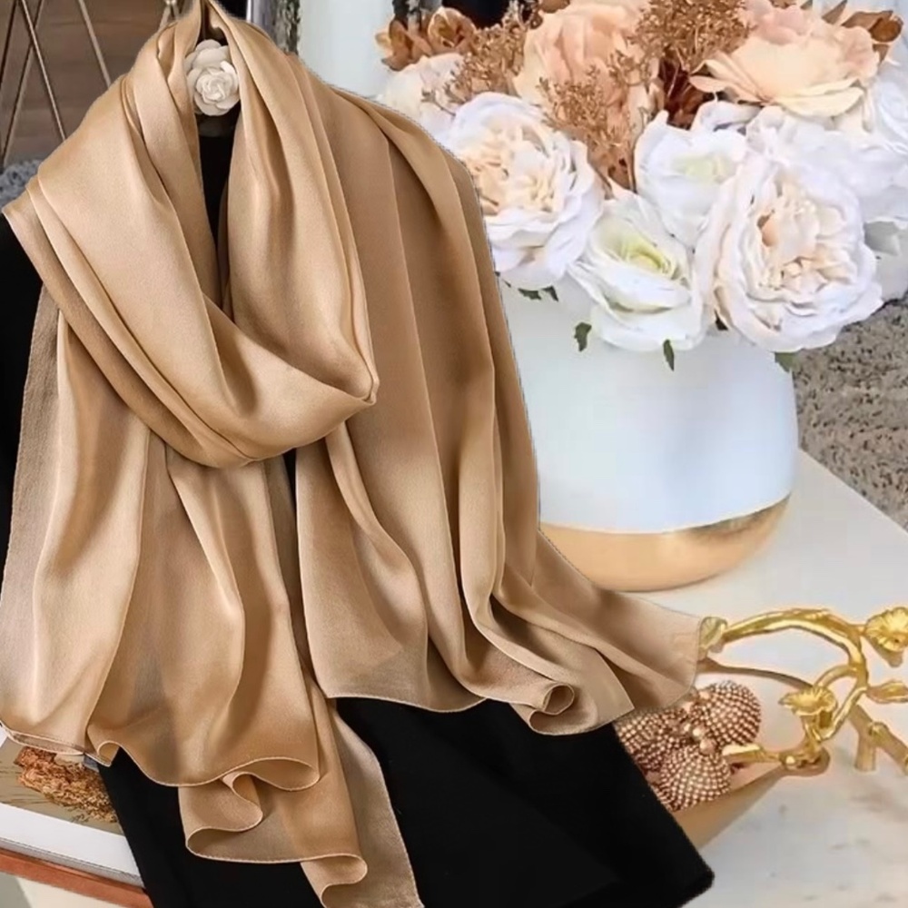 Light Camel Brown 100% SILK SATIN Large Shawl Scarf Wrap Beige Wedding CoverUp